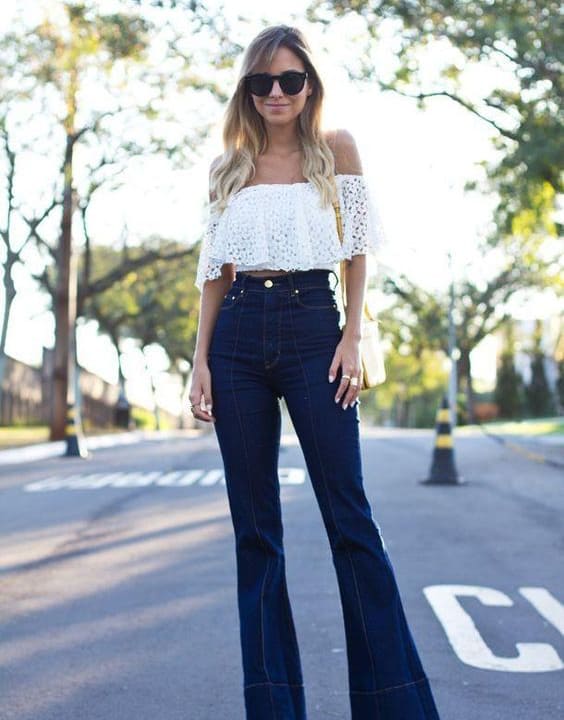 High-Waisted Jeans With Off-Shoulder Top