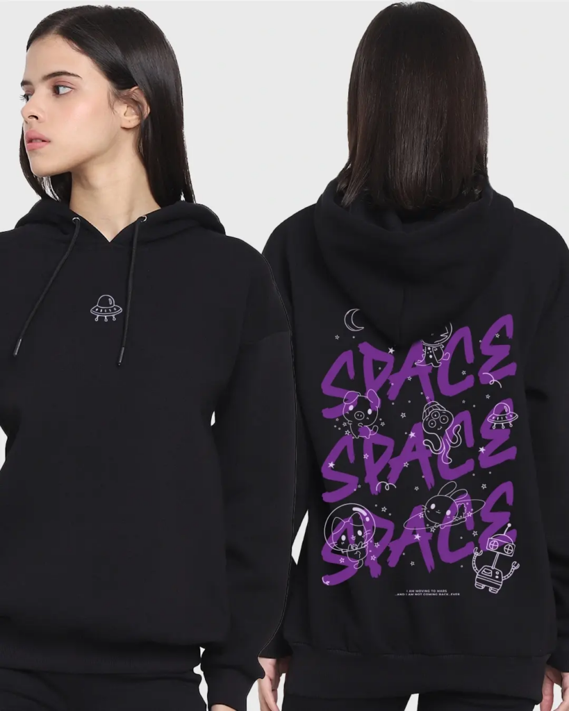 Women's Black Space Typography Oversized Hoodie