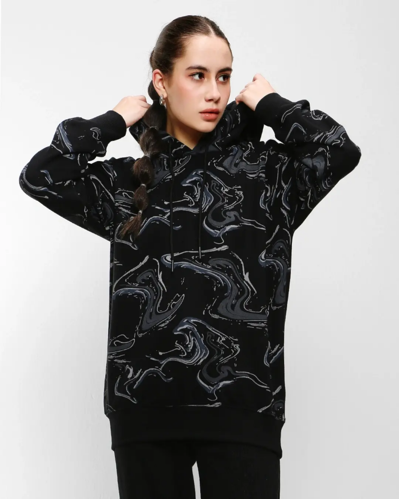 Women's Black Marble Printed Oversized Hoodie