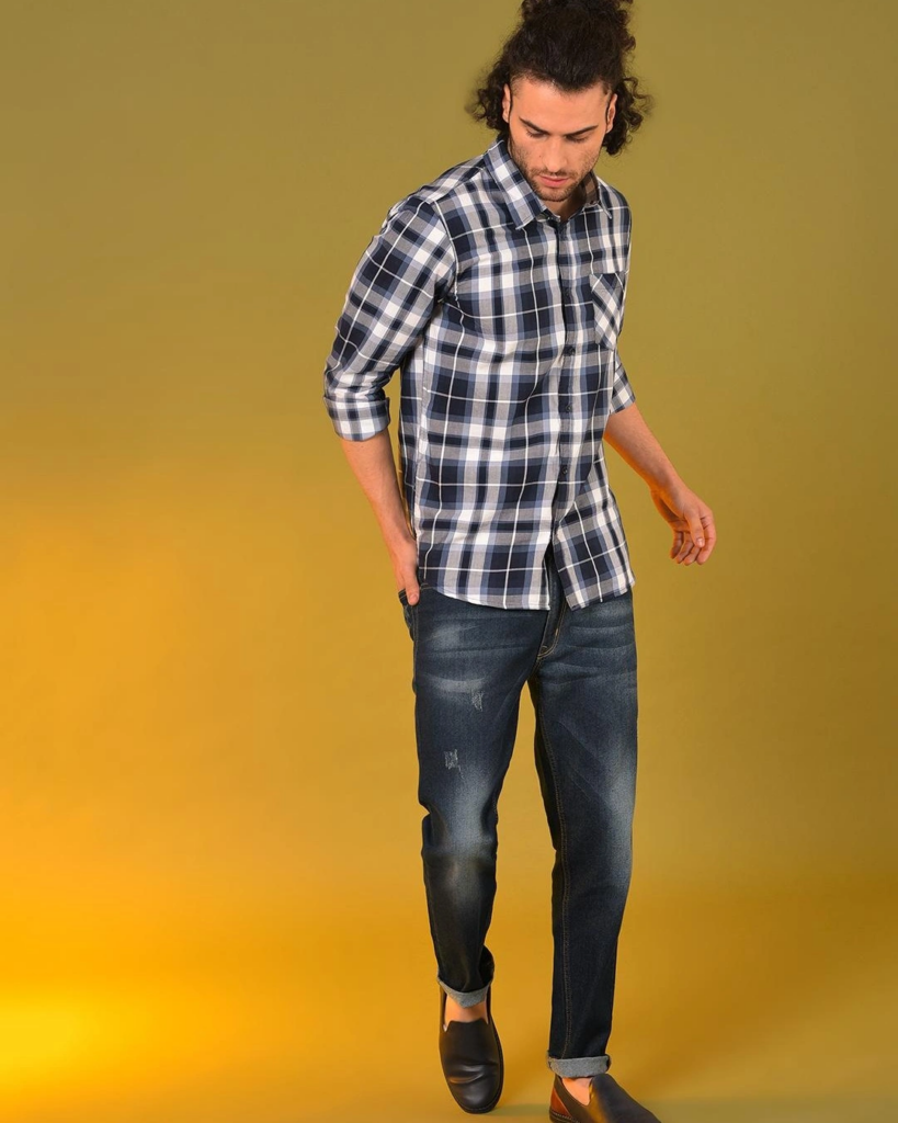 Men's White and Black Checked Shirt