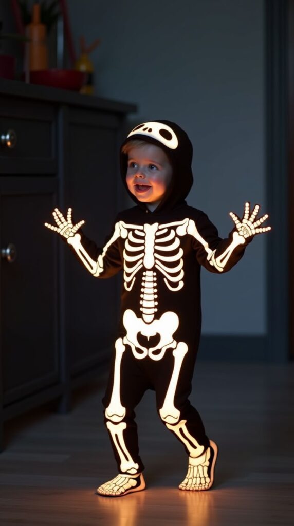 kid wearing skeleton costume